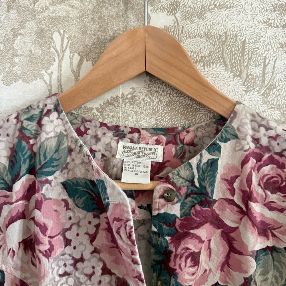 Banana Republic Floral Button-Front Blouse in Pink, Green, Cream - Picture 2 of 10